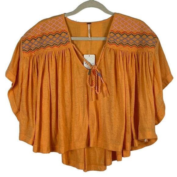 Free People Women’s Market Embroidered V-Neck Top Orange, Size M, NWT - Picture 5 of 13